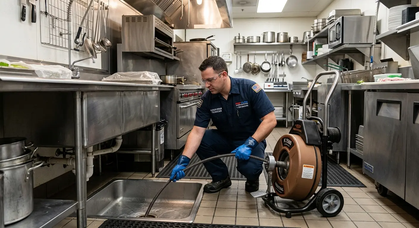 Commercial drain cleaning service in a restaurant kitchen in Genoa
