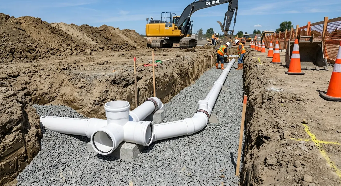 New PVC sewer pipe installation in open trench for Grease Trap Cleaning in Genoa