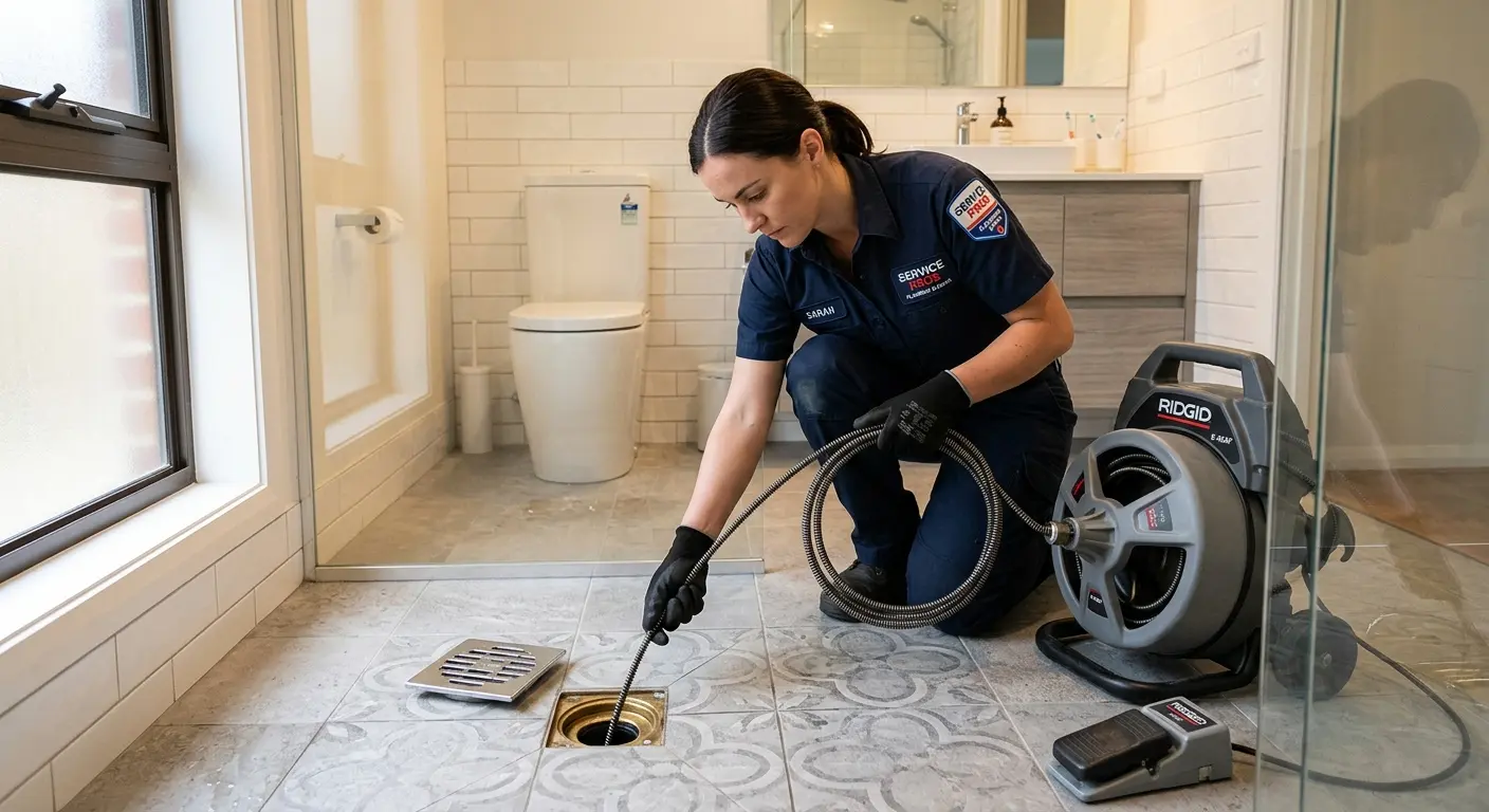 Technician clearing a bathroom floor drain for Sewer Line Installation in Genoa